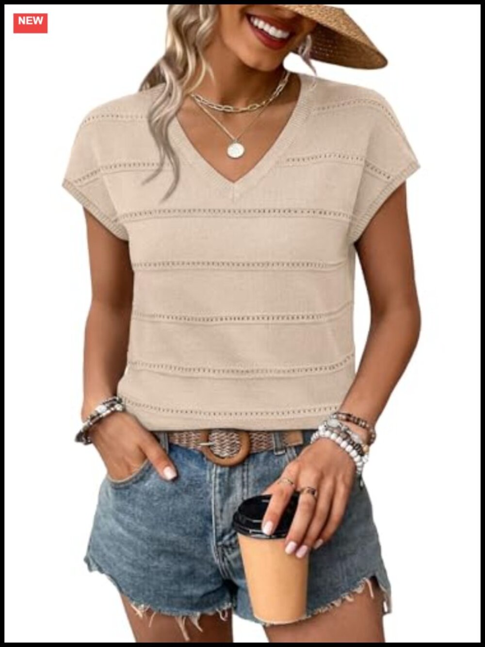 Womens V Neck Cap Sleeve Lightweight Knit Pullover Sweater